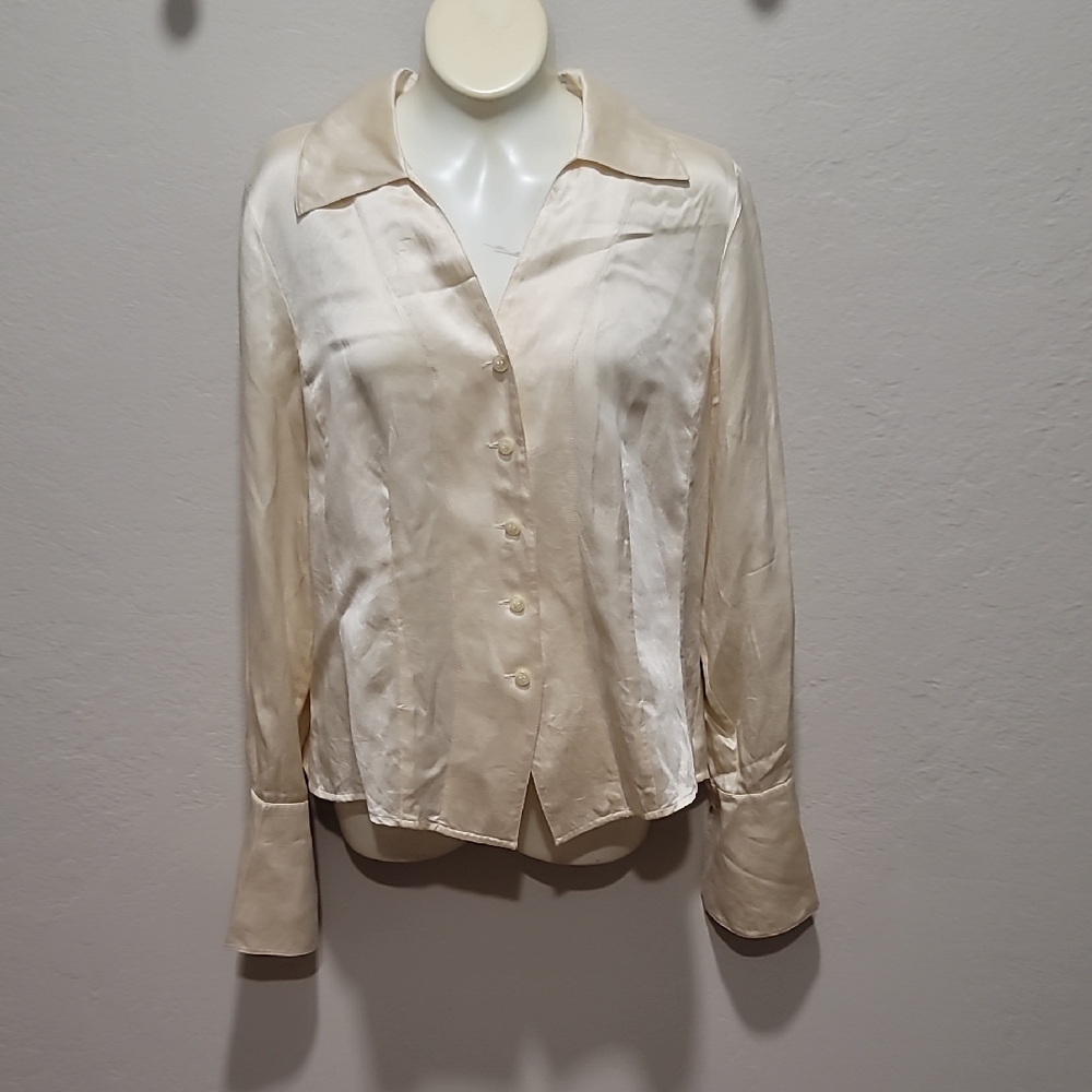 IEdesigned Tan Cream Fitted Notched Collar Blouse 100% Silk